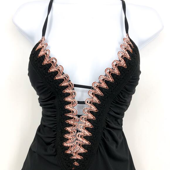 BECCA Women's Layla Plunge One-Piece Swimsuit Large Black Open Back NWT - Picture 5 of 12